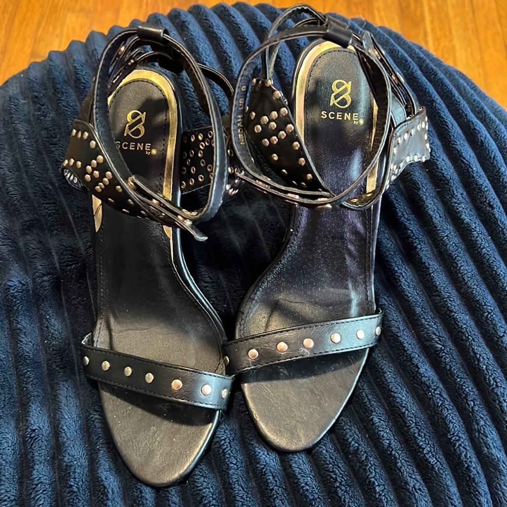 Scene Nedah shoe; size 9Lightly worn black studded wedge sandals w/ ankle strap
